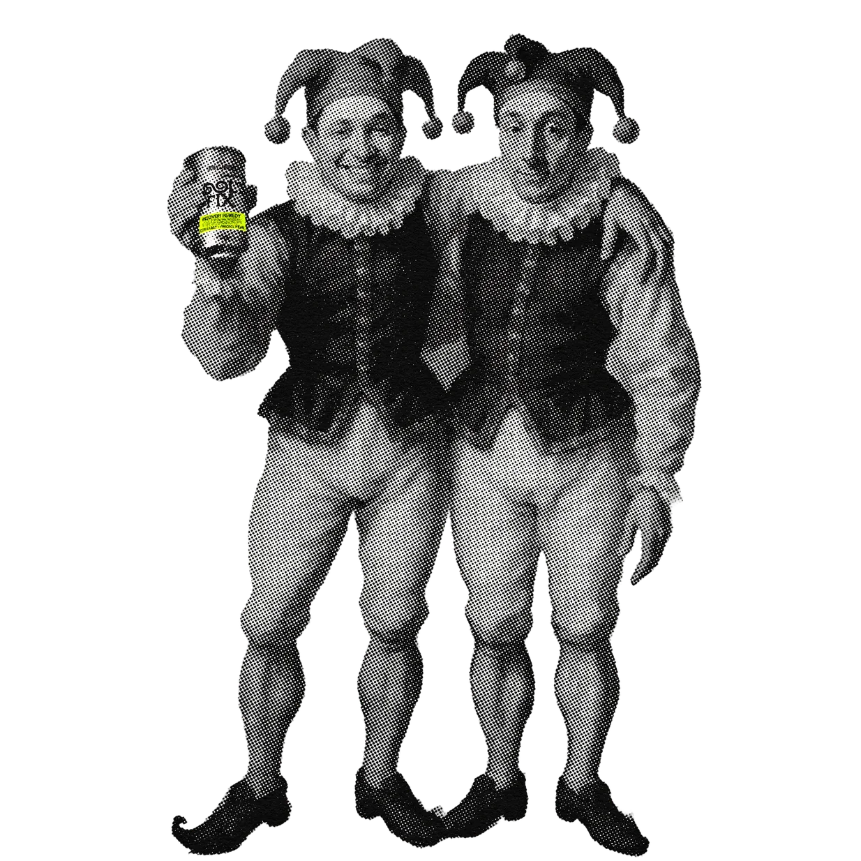 Two jesters arm in arm, one raising a can of Fool's Fix, in black and white