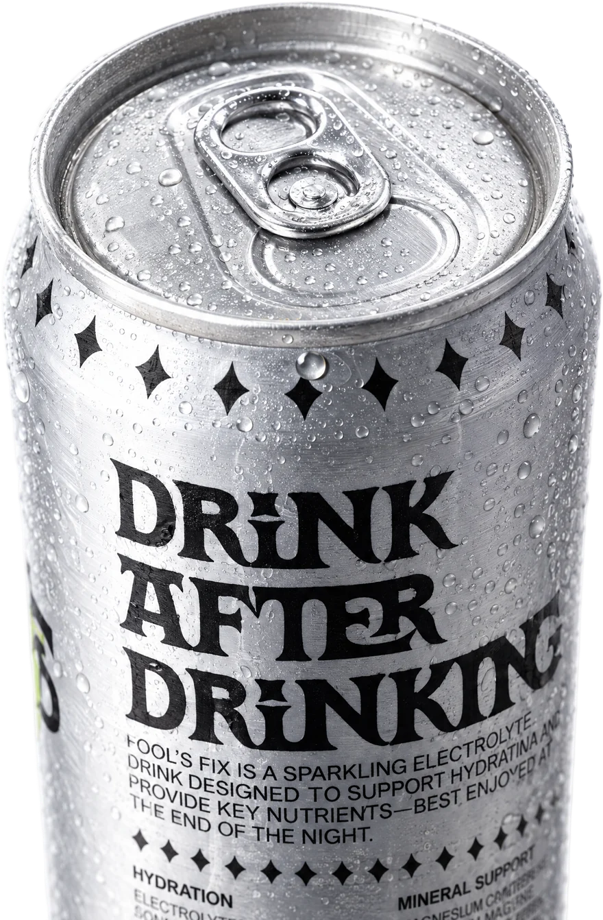 A chilled can of Fool's Fix seen from above, its ring pull beaded with condensation