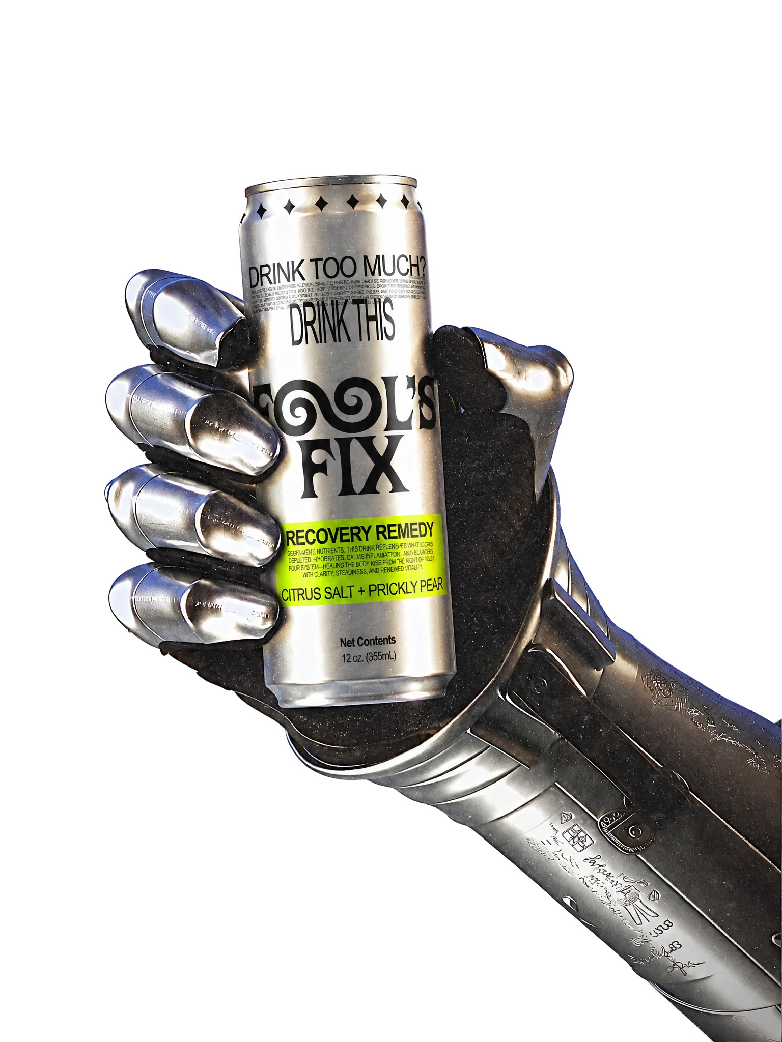 An armoured gauntlet holding a can of Fool's Fix recovery remedy