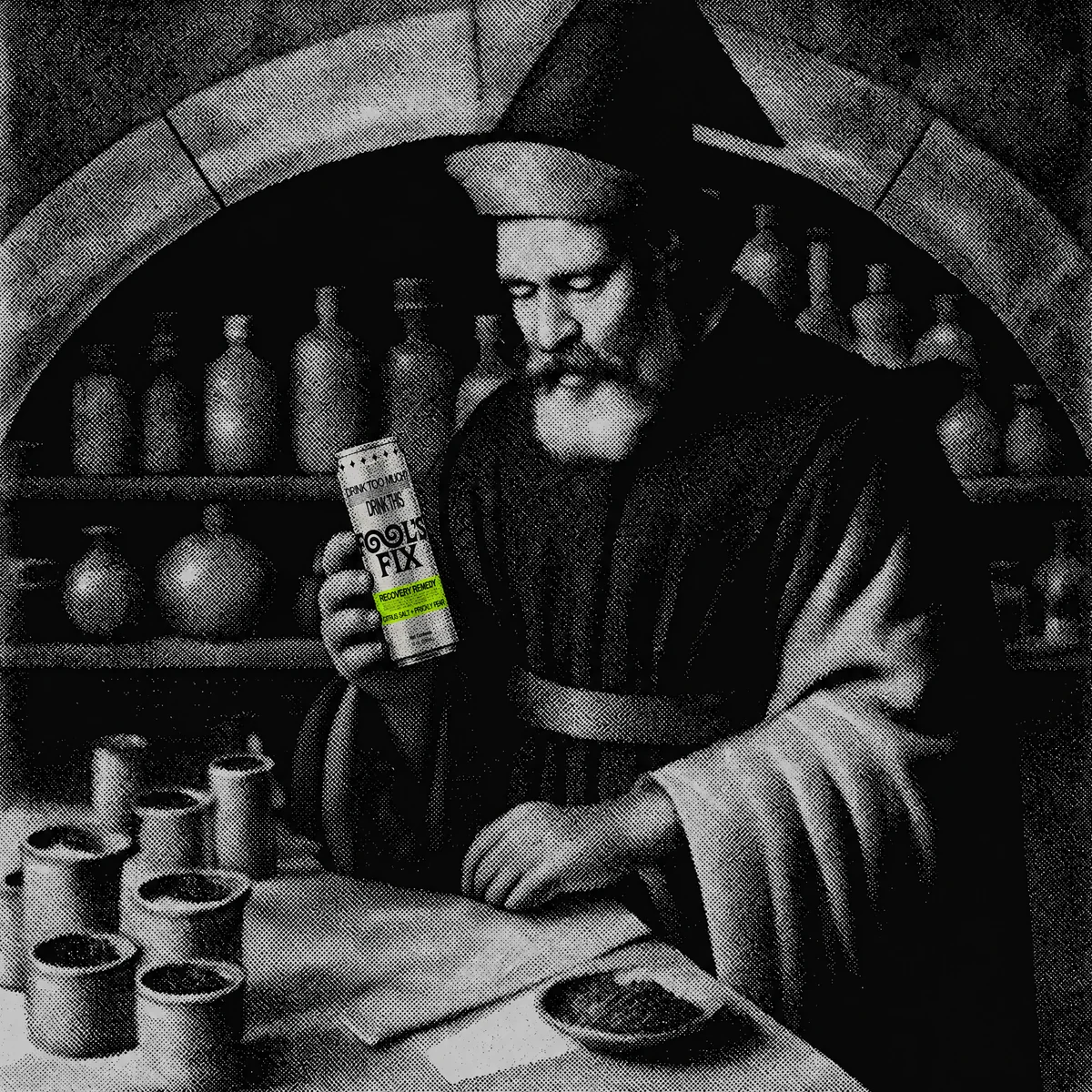 Engraving of an alchemist at his workbench holding a can of Fool's Fix