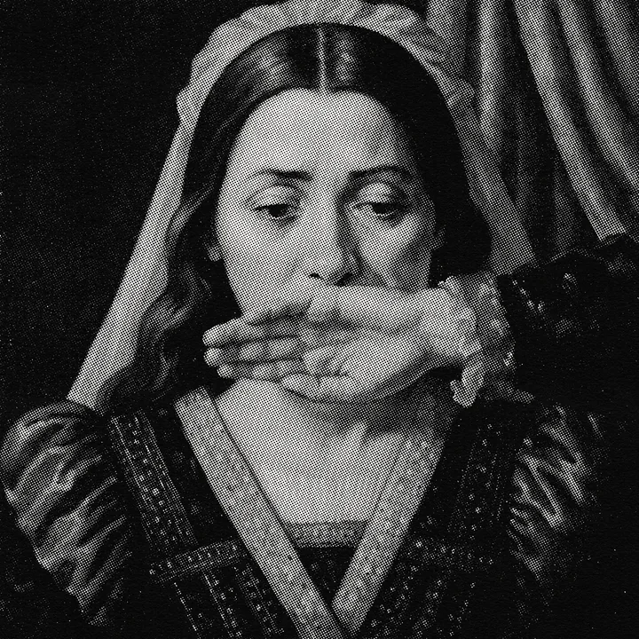 A queasy woman in a veil holding a hand over her mouth, in black and white