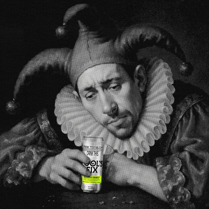 A weary jester slumped at a table with a can of Fool's Fix, in black and white