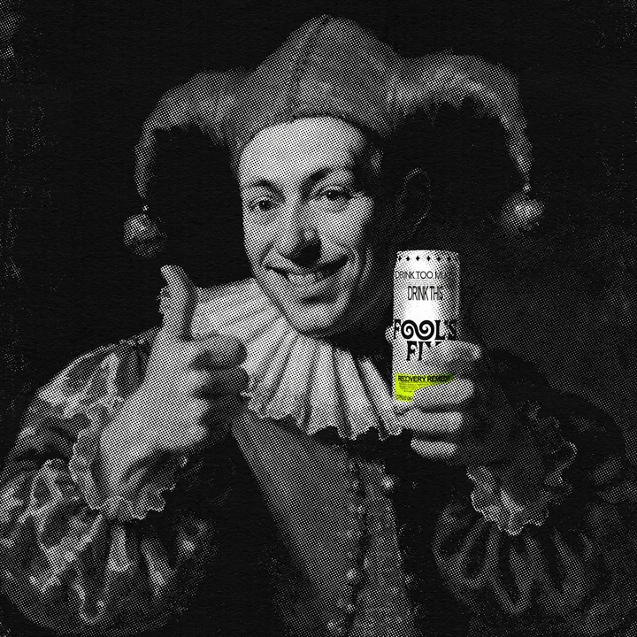 A grinning jester giving a thumbs up with a can of Fool's Fix, in black and white