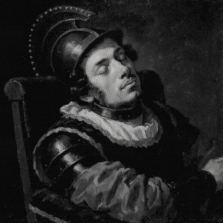 A soldier in armour asleep in a chair, in black and white